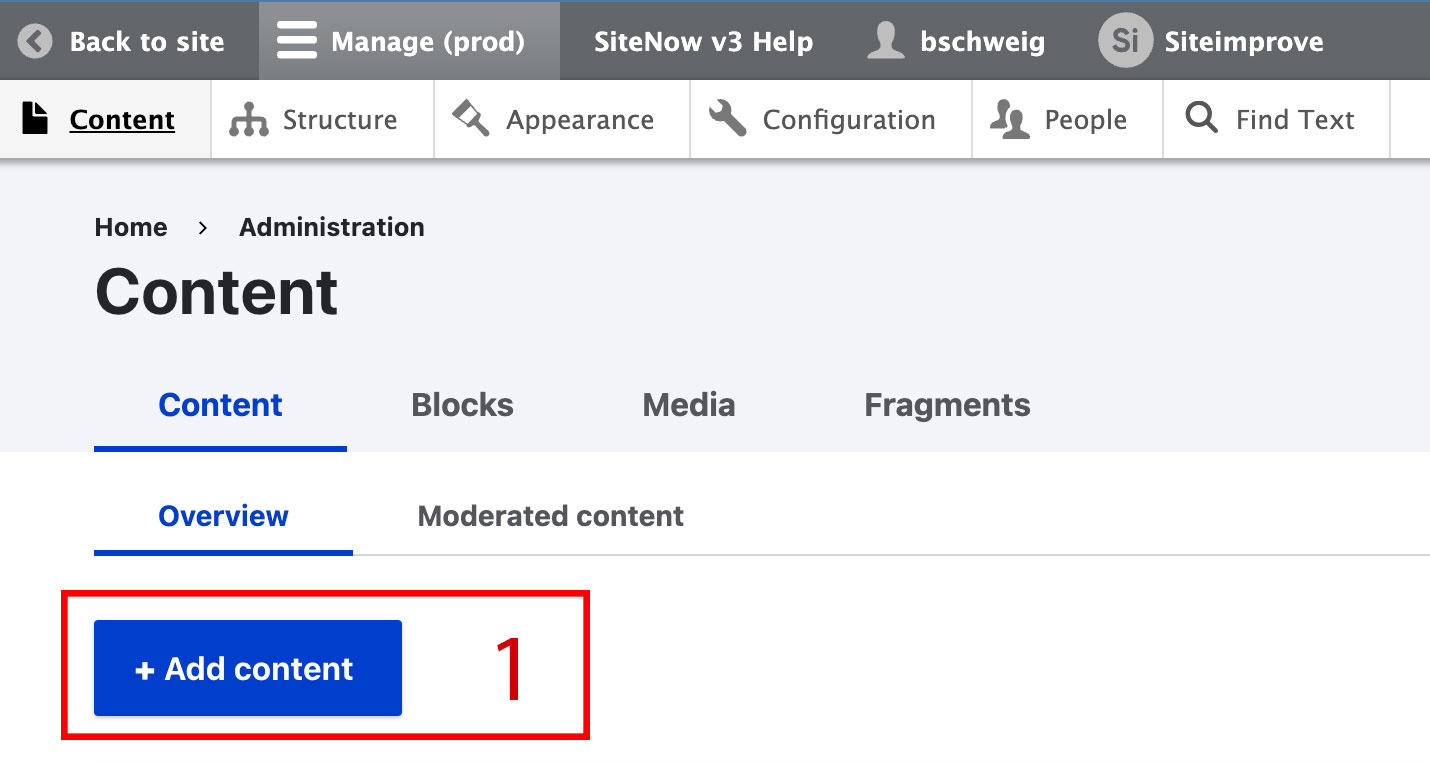 Screenshot of the add content button in the Content admin