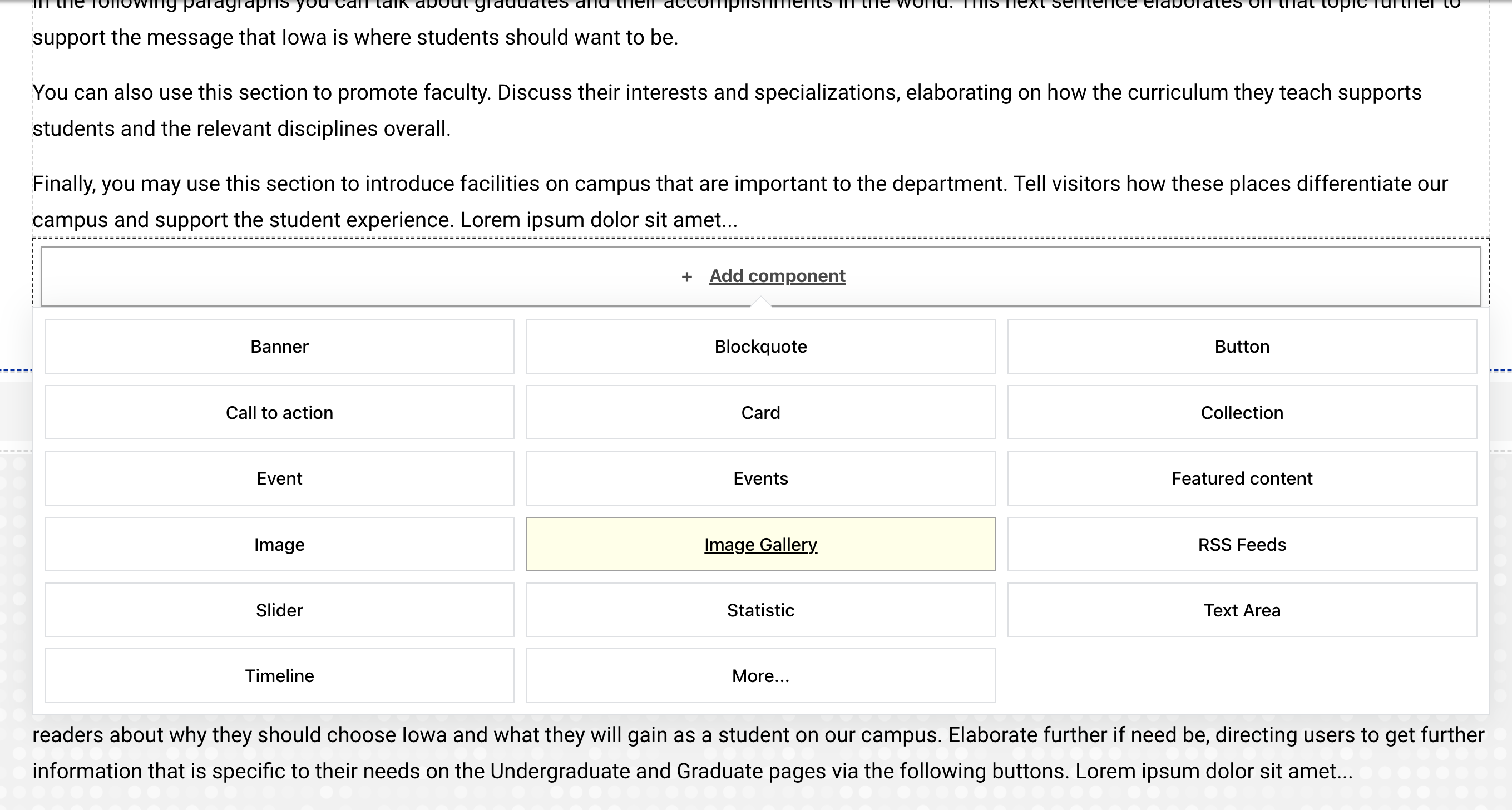 Screenshot of adding an image gallery component in Layout