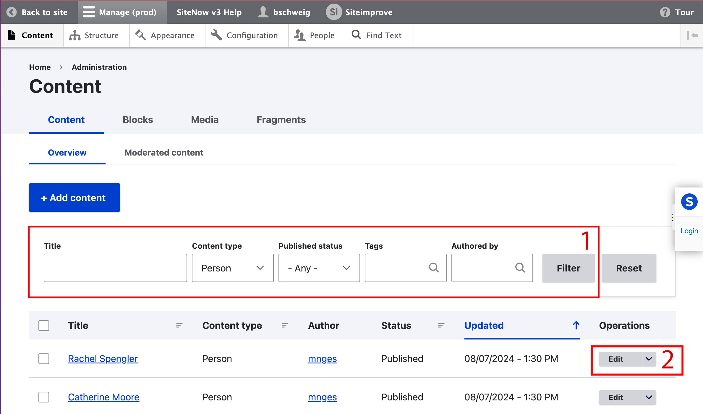 Screenshot highlighting the content admin bar and the edit button of the Drupal content administration area