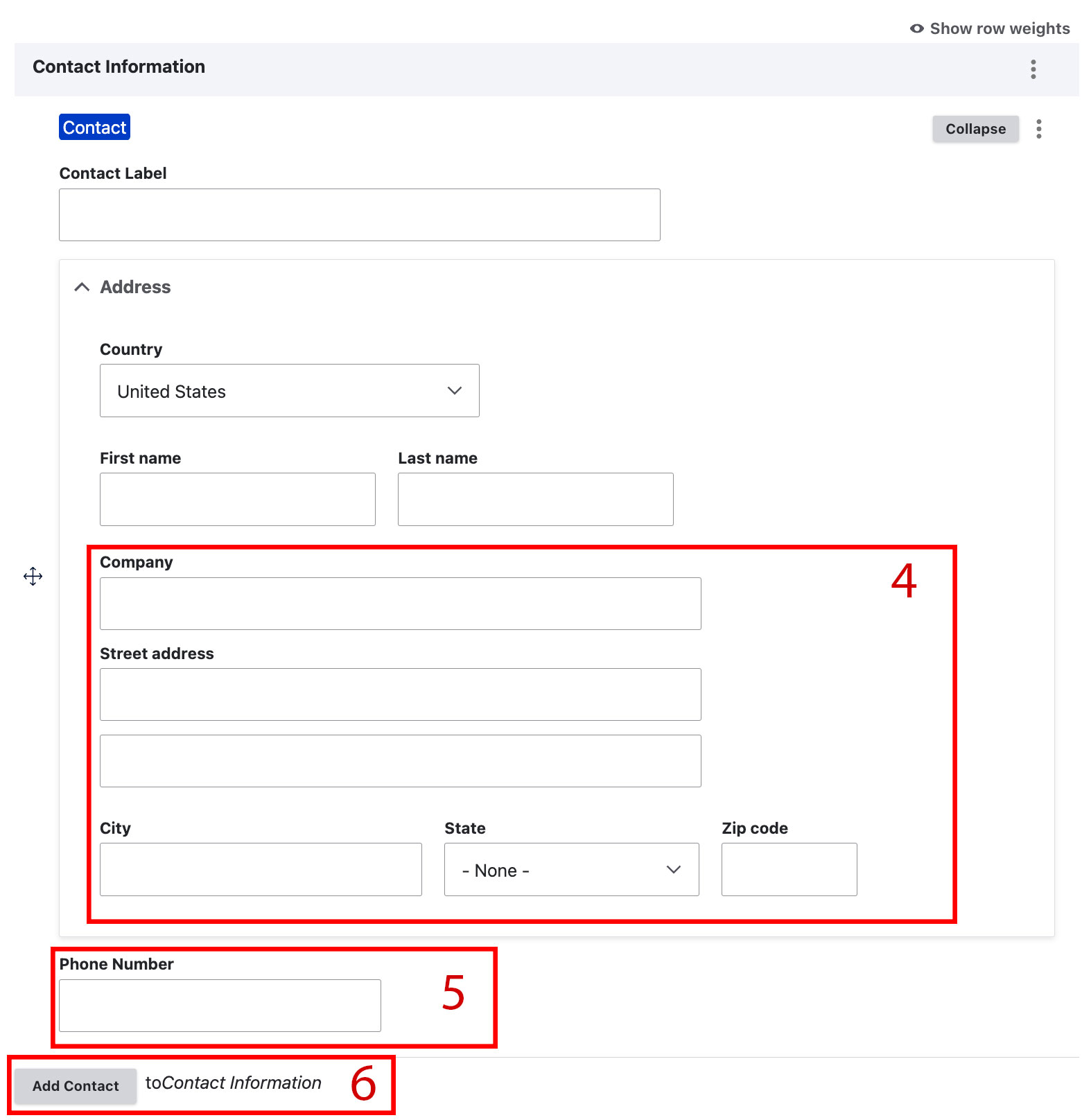 Screenshot of the expanded contact field in the admin of a person profile