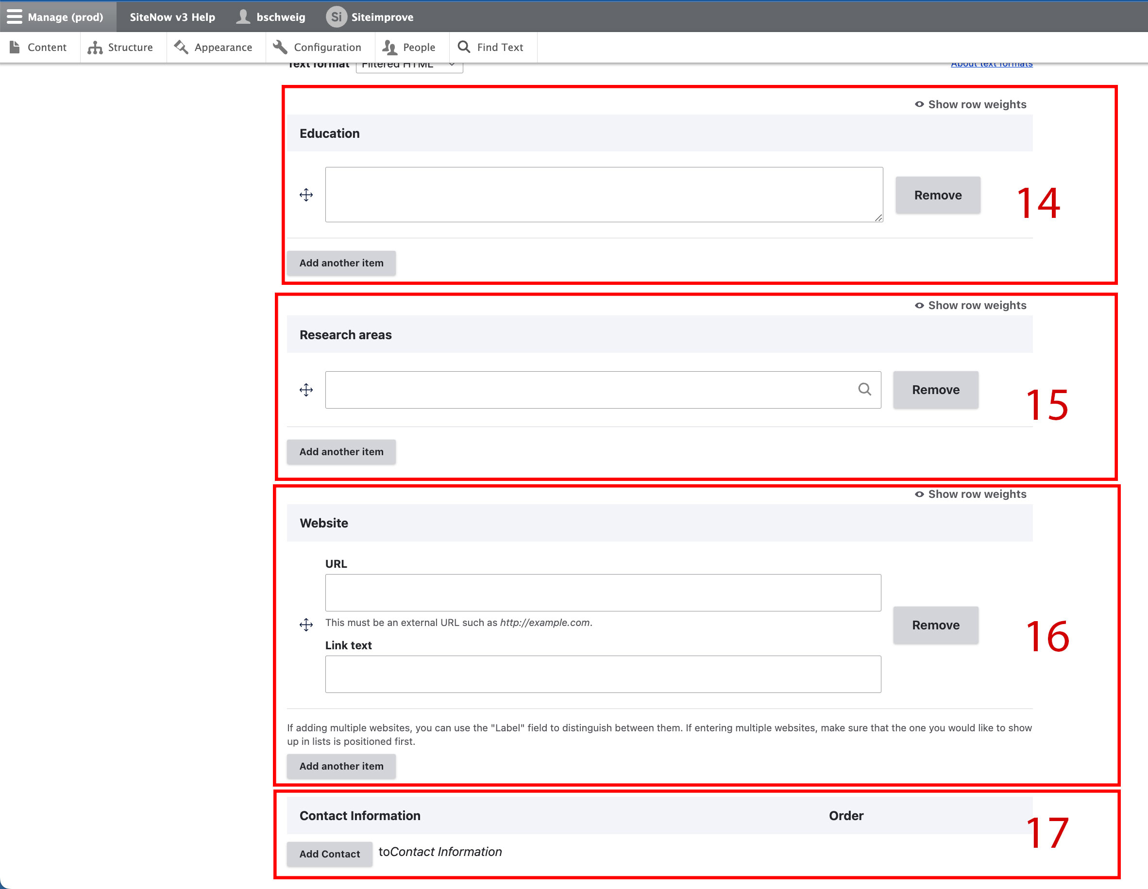 Screenshot of the education, research area, website, and contact fields in the admin