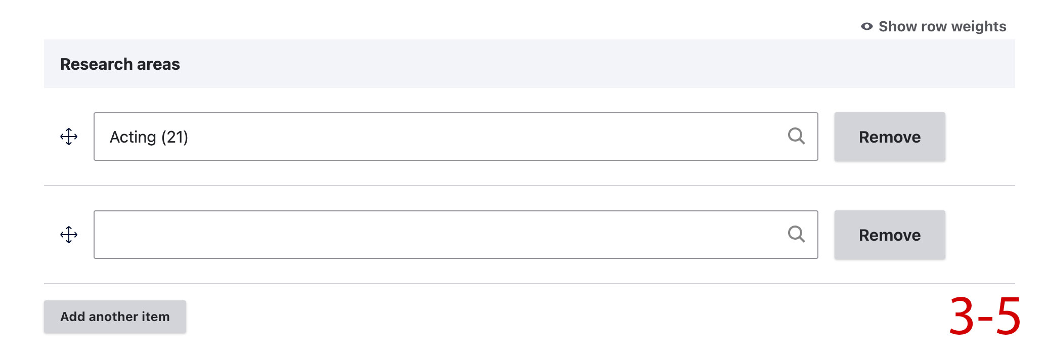 Screenshot of research areas field admin