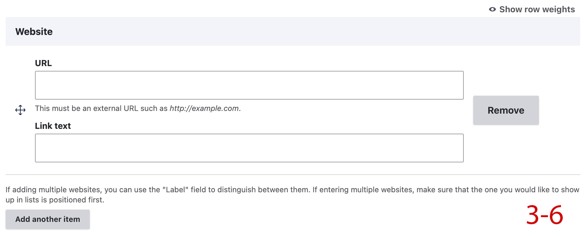 Screenshot of the websites field in the editing admin for a Person profile