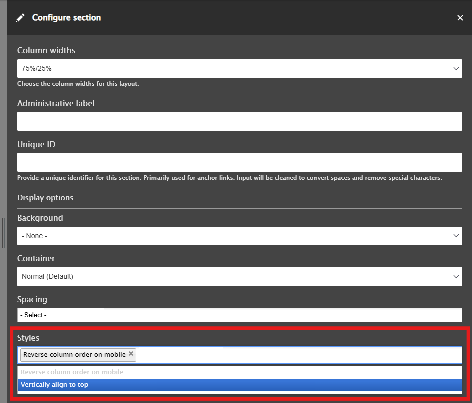 The Styles field for sections with two or more columns has Reverse column order on mobile as an option in the dropdown menu.