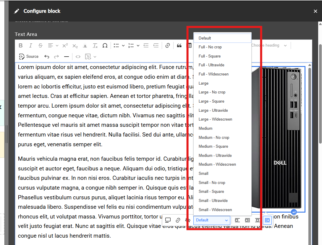 Highlighted is the dropdown menu to change the images size on the grey image styling bar.
