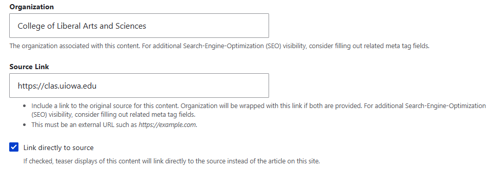 The Link directly to source button follows the Organization and Source Link fields.