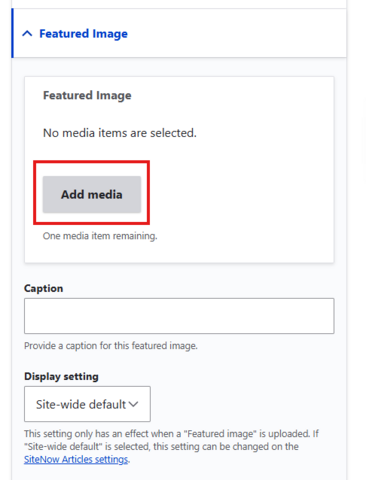 The Add media button is in the expanded Feature Image dropdown.