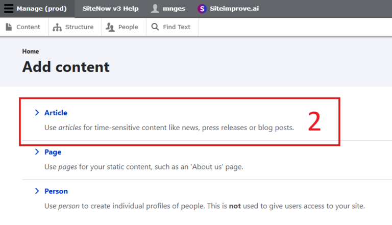 On the content type selection page, the Article option comes before the Page and Person options