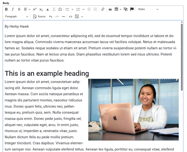 The author, article copy, and an image are added to the Body field. 